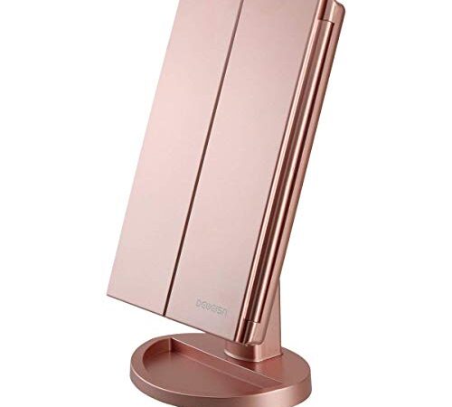 deweisn Specchio Trucco con 21 LEDs, Specchio di Vanity Trifold Ruota di 180° Ingrandimento 1x / 2X / 3X Specchio per Il con Touchscreen per Il Trucco e la Cura della Pelle (Oro Rosa)