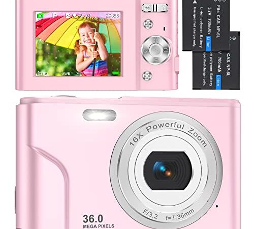 Fotocamera Digitali Compatte 1080P HD Macchina Fotografica, 36 MP Fotocamera Vlogging con Zoom Digitale 2.4" LCD Mini Video Fotocamer con 2 Batteria per Bambini, Adulti, Principianti