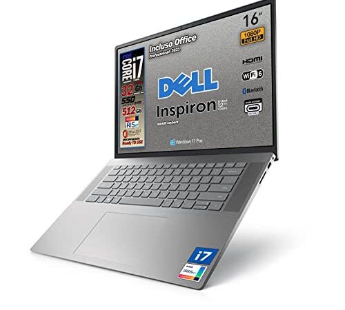 Notebook Dell Inspiron, Cpu Intel i7 di 12 th, 10 Core fino a 4,7 GHz, 16" Full HD, SSD da 512 Gb, 32 Gb Ram, Win 11 Pro, Office Pro 2021, Tastiera retroilluminata, Cover alluminio, Pronto All'uso