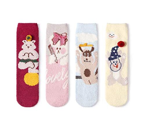 NYKK Calzino 4 Pack Inverno Caldo Accogliente Calze Morbida Fuzzy Sleeping Socks Women di Vacanza Divertimento della novità Crew Socks, Animali Patterned Slipper Socks Calzini (Color : D)