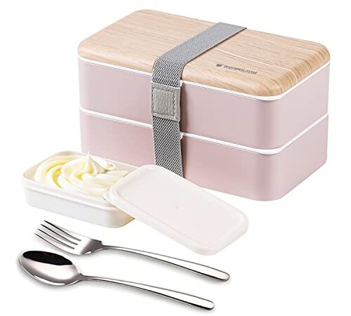 Lunchbox portapranzo Scatole bento box contenitore originale divisore bundle stile giapponese con cucchiaio e forchetta in acciaio inox(Rosa)