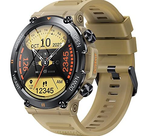 GaWear Smartwatch Uomo Orologio Fitness Militari Smart Watch Tracker di attività con Le chiamate Bluetooth,120+ modalità Sport Salute Fitness Tracker, Cronometro per Android iOS（Khaki）