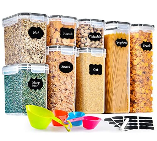 GoMaihe Contenitori Alimentari per Cereali Set 8 Pezzi, Ermetici, Plastica con Coperchio per Alimenti Set, Utilizzato per la Conservazione di Pasta, Muesli, Farina