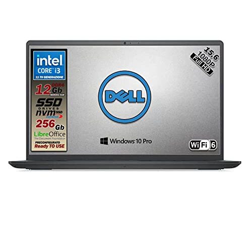 Notebook SSD Dell, Cpu Intel i3, fino a 4,1 GHz, Display 15,6" ips led FULL HD, SSD nvme da 256 Gb, Ram 12Gb, ddr4, Win10 Pro, Webcam, wi-fi, bt,3 usb, lan, Pronto All'uso, Garanzia Italia