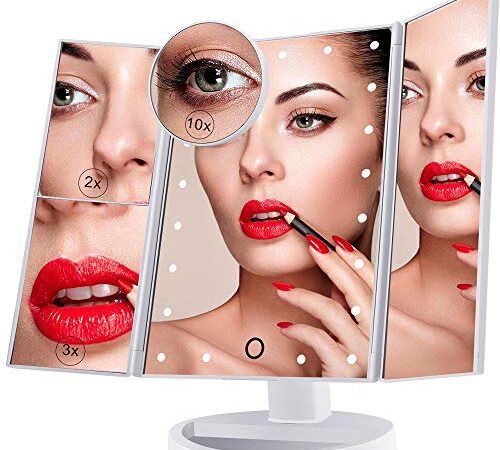 Specchio Per il Trucco Illuminato, Specchio Cosmetico per Vanità a 22 Luci a LED, Touch Screen Con Ingrandimento Triplo Ingrandimento 2X 3X 10X, Rotazione Libera di 180 °, Doppio Alimentatore Bianco