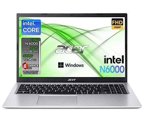 Acer Notebook | Pc portatile intel core N6000 | Ram 16 GB ddr4 | SSHD 1256 GB | Silver | Display 15.6" FHD | BT | WiFi | Windows 11 Pro | Pacchetto Office Pro | Computer portatile Pronto all'uso