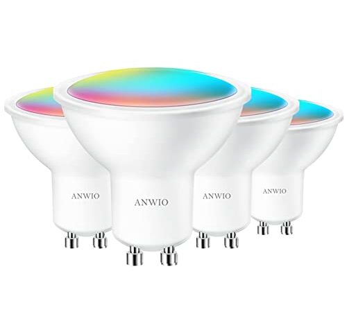 ANWIO GU10 Smart LED Lampadine Alexa, WiFi RGB 5W Equivalenti a 35W, 350LM,Compatibile con Alexa, Echo Dot,Google Home, Lampada Intelligente Dimmerabile Controllo Remoto, Pacco da 4 Unità
