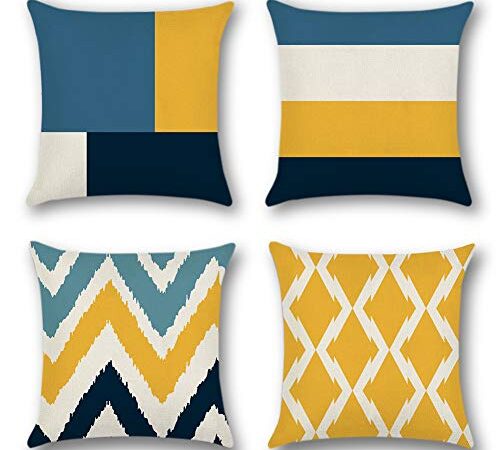 Artscope Federe Cuscini Divano 4 Pack Copricuscini per Divano Poliestere Biancheria Gettare Decorativo Caso Federa per Cuscino Letto Auto 45 x 45 cm (Motivo Geometrico Giallo con Blu Navy)