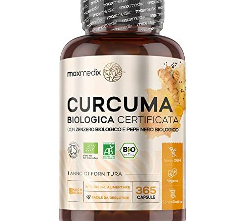 Bio Curcuma con Zenzero - 365 Capsule Vegane (Per 1 Anno) - Biologiche - Senza Glutine - Piperina Plus Senza OGM