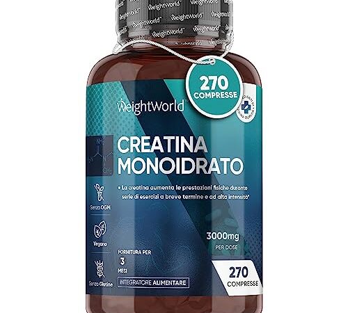 Creatina 3000mg - 270 Compresse Vegane di Creatina Monoidrata (Per 3 Mesi) - Integratore per Allenamento, Pre Workout, Intra - Post Workout - Compresse di Creatina Monoidrato - Creatine Monohydrate