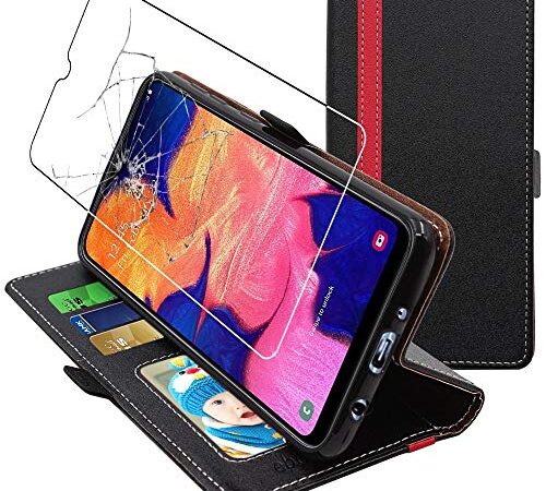 ebestStar - Cover Compatibile con Samsung A10 Galaxy SM-A105F Custodia Portafoglio Pelle PU Protezione Libro Flip, Nero/Rosso + Pellicola Vetro Temperato [A10: 155.6 x 75.6 x 7.9mm, 6.2'']
