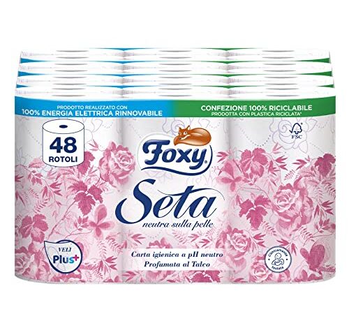 Foxy Seta | Carta igienica 200 strappi x 48 rotoli, 2 veli elevato spessore | Certificazione FSC |100% Energia elettrica rinnovabile| Confezione riciclabile prodotta con plastica riciclata