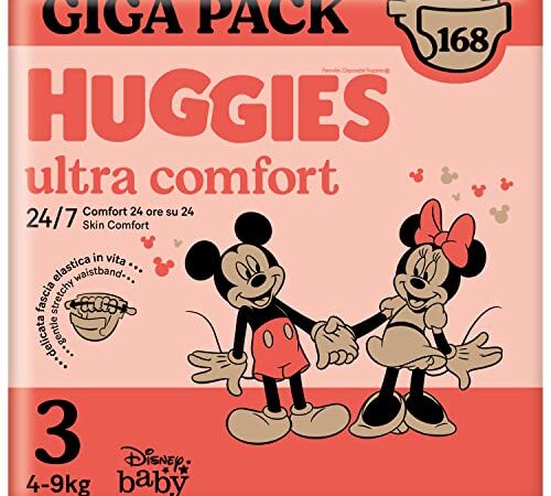 Huggies Ultra Comfort Gigapack, Taglia 3 (4-9 Kg), Confezione da 168 pannolini