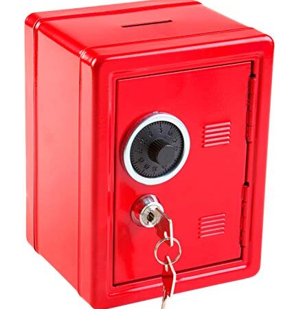 Idena 50035 - Cassaforte per risparmi, 120 x 100 x 160 mm, rossa, con chiave e serratura a combinazione meccanica