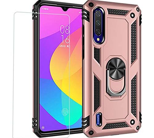 Joytag Compatibile per Cover Xiaomi Mi 9 Lite，Custodia + Vetro temperato Silicone TPU 360 Grado Anello Girevole Magnetico Supporto Cassa del Telefono dell'auto Case-Rose Gold