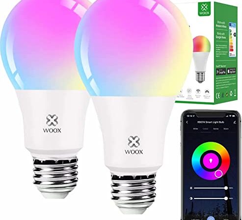 Lampadina LED Smart E27 Wifi 9W Compatibile con Google Home/Alexa, RGB (2700K-6500K) Luci colorate dimmerabili, Telecomando, Controllo vocale, Risparmio energetico, 2P