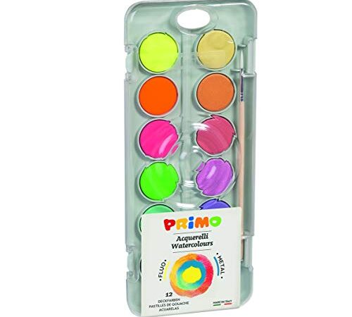 Morocolor PRIMO, Acquerelli bambini in pastiglia, tavolozza acquerelli 8 colori metallizzati 4 colori fluo, pastiglie Ø30mm acquerello, alta pigmentazione, colori lucidi e brillanti, Made in Italy