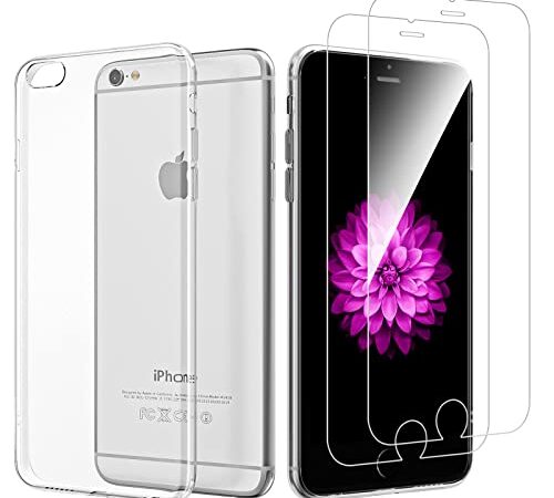 NEW'C Cover per iPhone 6 e iPhone 6s (4.7) Gel TPU in silicone custodia ultra trasparente e 2 × vetro temperato per iPhone 6 e iPhone 6s (4.7"), Pellicola proteggi schermo
