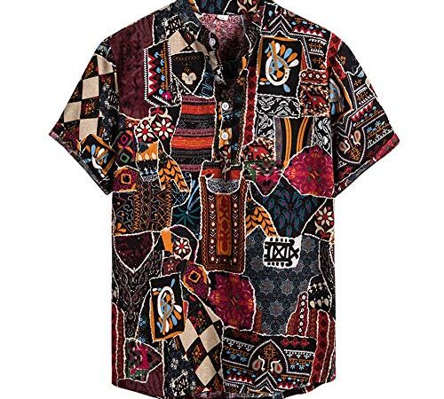 NEWISTAR Camicia in Lino Uomo Vintage Etnico Henley Shirt Maniche Corte Estate Casual Hawaiana Maglietta