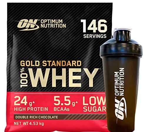 Optimum Nutrition Gold Standard 100% Whey Proteine Isolate in Polvere con Aminoacidi per Sviluppo e Recupero Muscolare Gusto Doppio Cioccolato 146 Porzioni 4,53Kg + Shaker