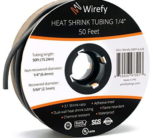 Wirefy Guaina Termorestringente 6,4 mm - Tubo Isolante 3:1 - Interno Adesivo - Nero - Rotolo 15 m